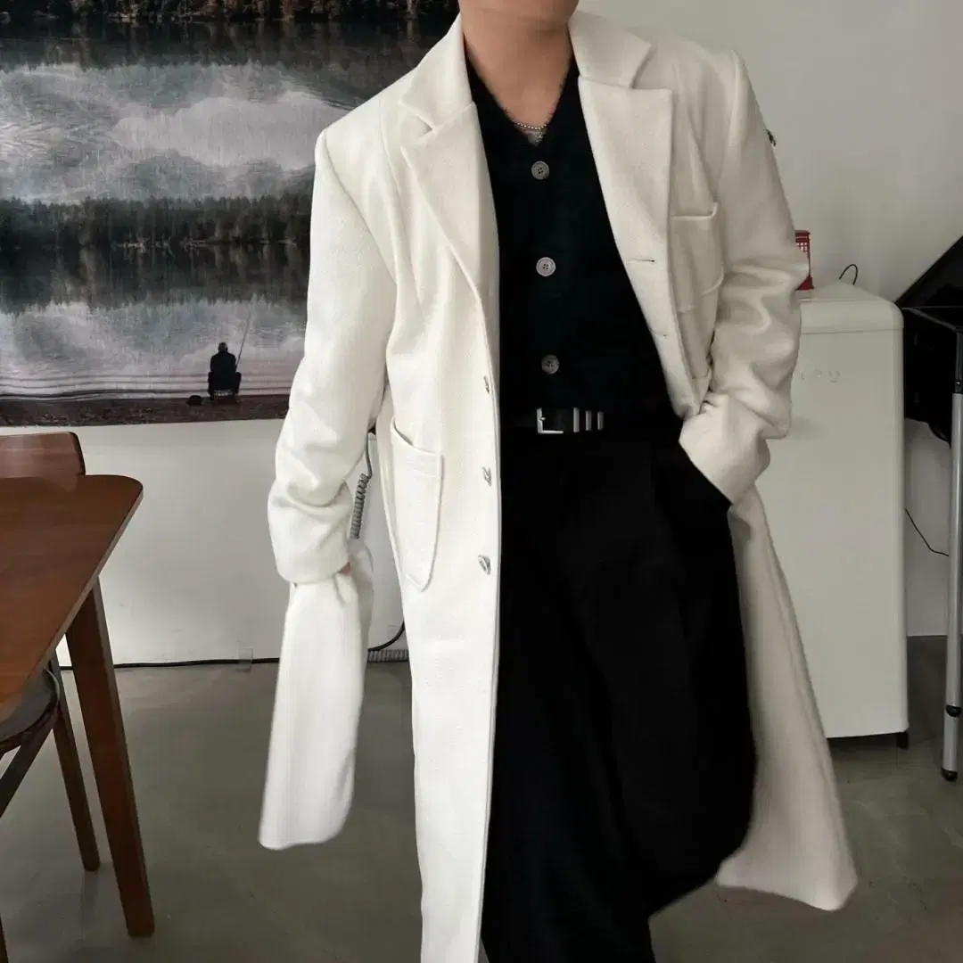 남자 트위드 싱글 로브 롱코트 단추 겨울 두툼한 coat