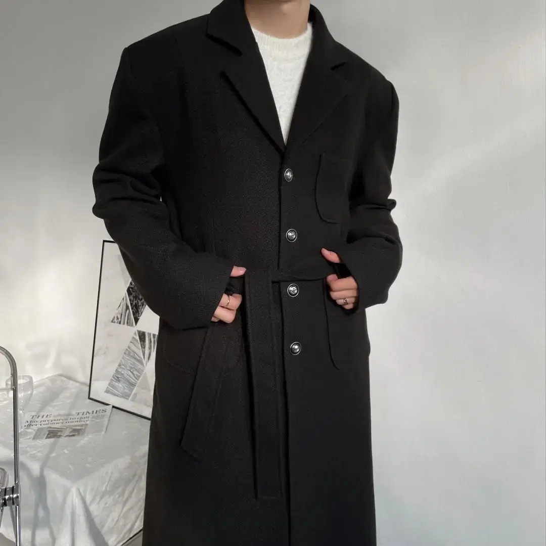 남자 트위드 싱글 로브 롱코트 단추 겨울 두툼한 coat