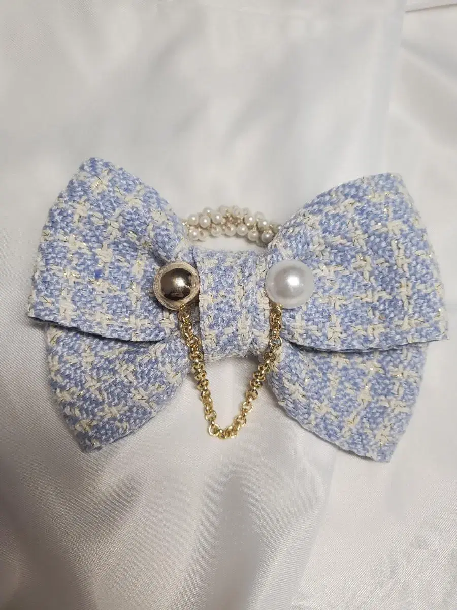 New product Handmade Sora-colored check ribbon Pearl U-chain hair tie Hair tie High quality