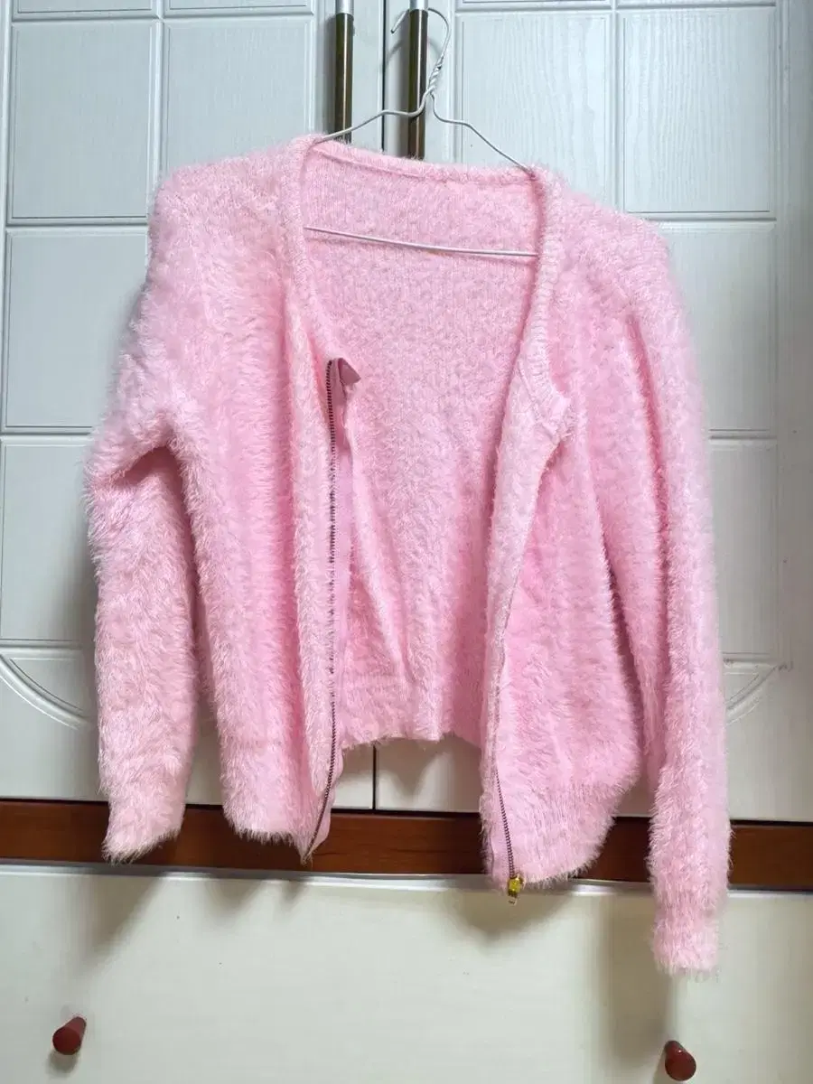 Fluffy Yarn Zipper Cardigan Fluorescent Pink