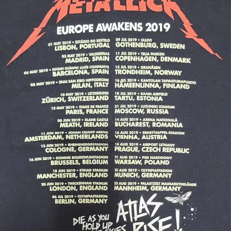 메탈리카 Metallica 2019 유럽 투어 티셔츠 판매