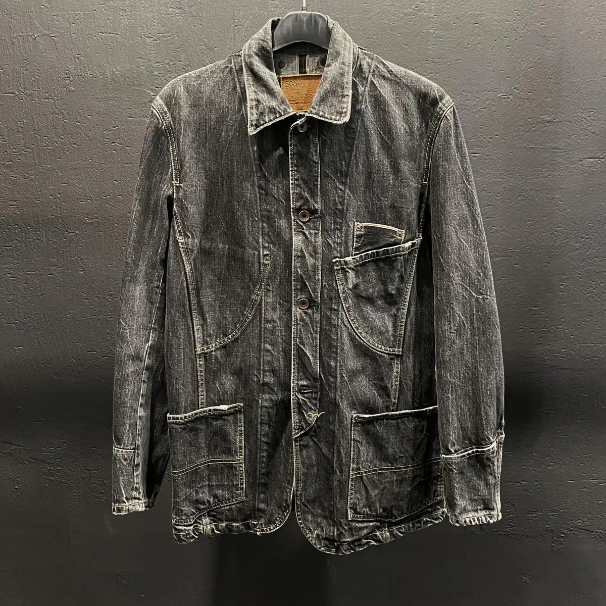 Edwin 505 Black Stitched Pocket Detail Washed Cara Neck Denim Jacket