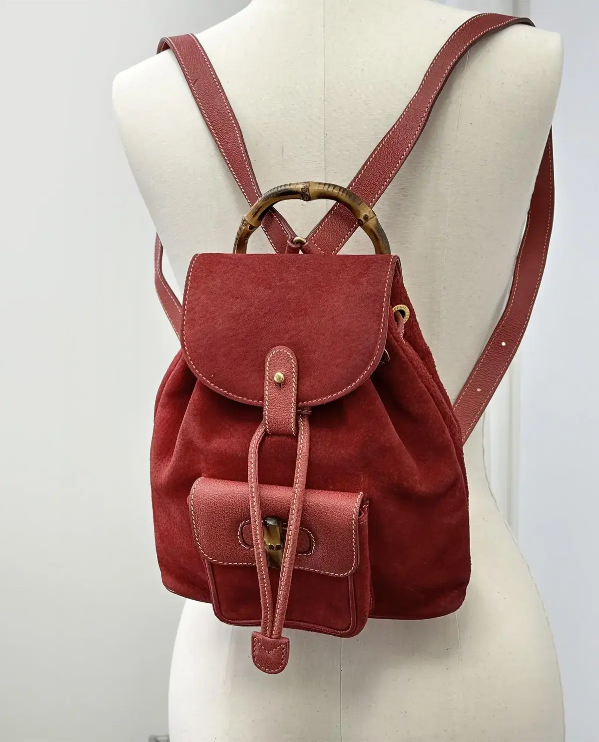 Used Gucci Red Suede Bambu Mini Backpack 2VGUB26698