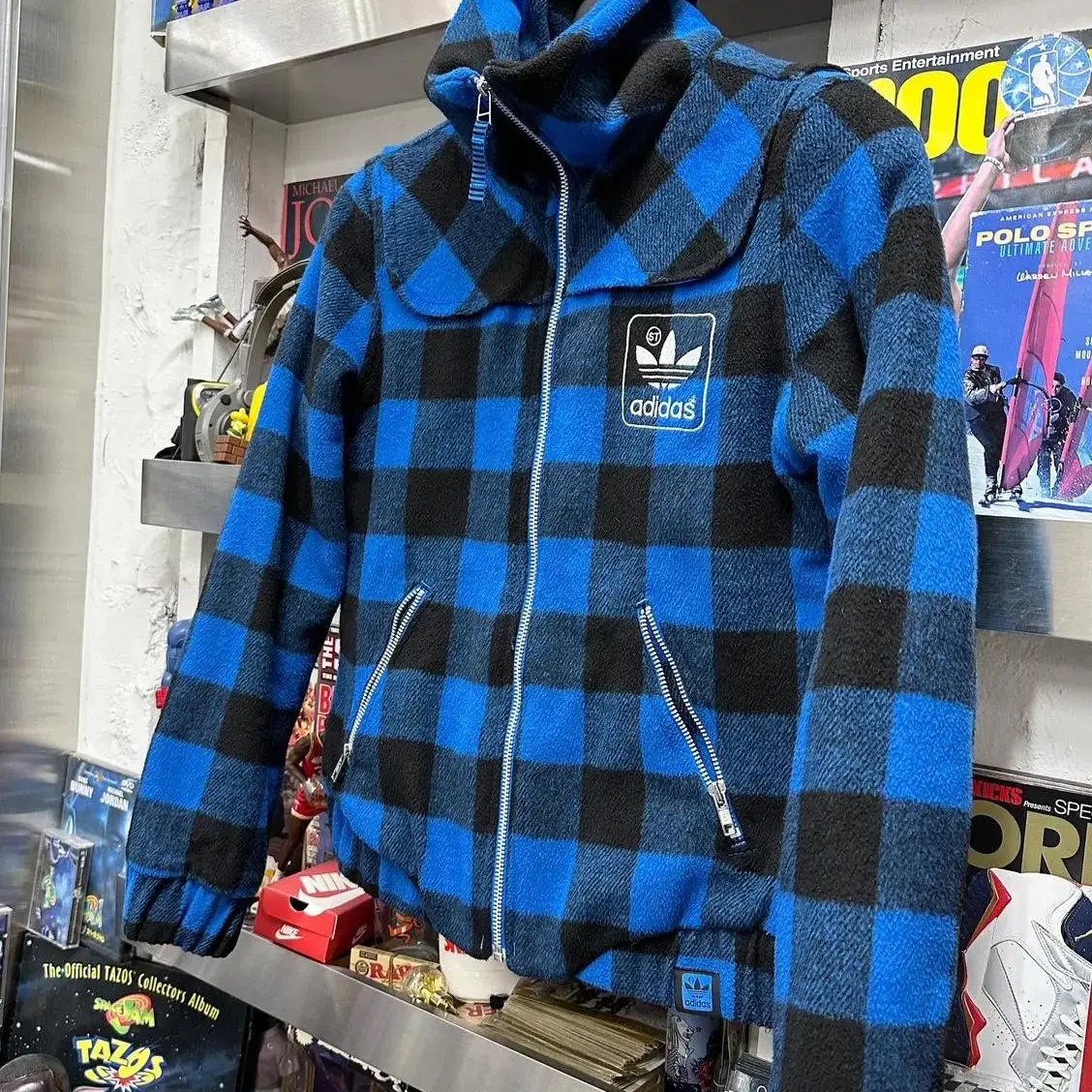 아디다스 오리지널 adidas blue plaid wool jacket