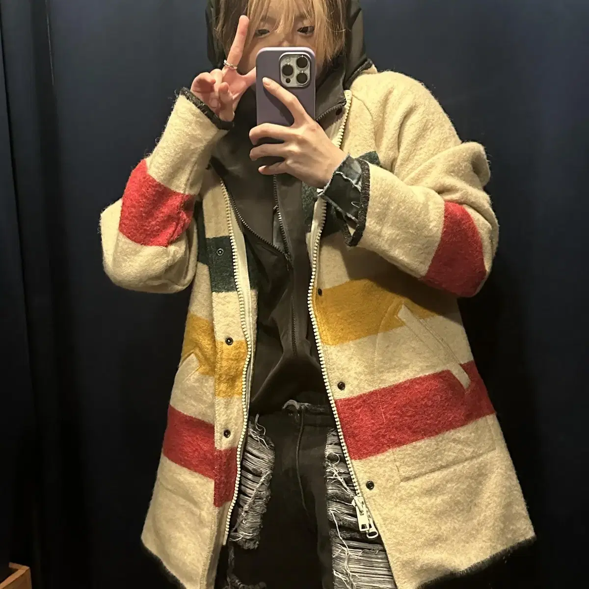 WoolRich 배색 무지개떡코