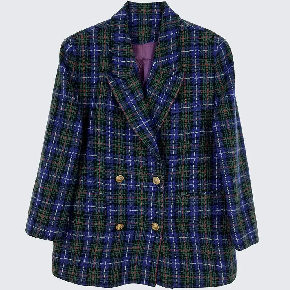 [Women's Overcoat] JPN Check Double Blazer Jacket Wool Vintage (17102)