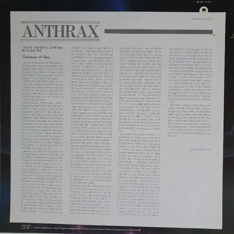 ANTHRAX - PERSISTENCE OF TIME LP