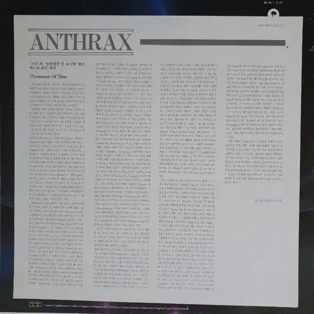 ANTHRAX - PERSISTENCE OF TIME LP