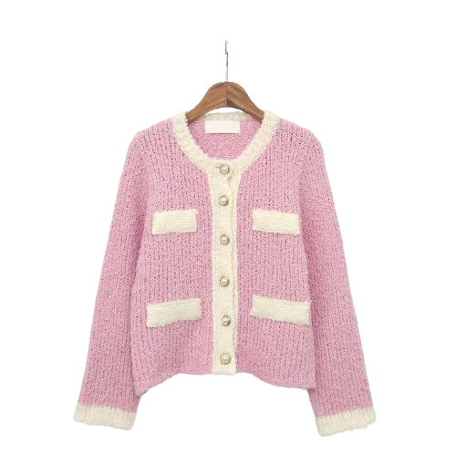 [Excluded] High-quality pink and ivory color scheme, boucle yarn, pearl color scheme, knitted cardigan