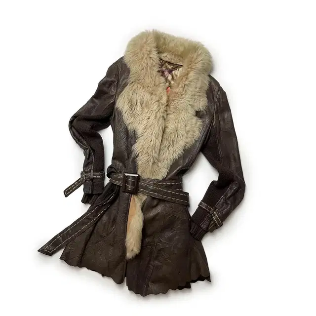 Fur leather belt coat 퍼 가죽 코트