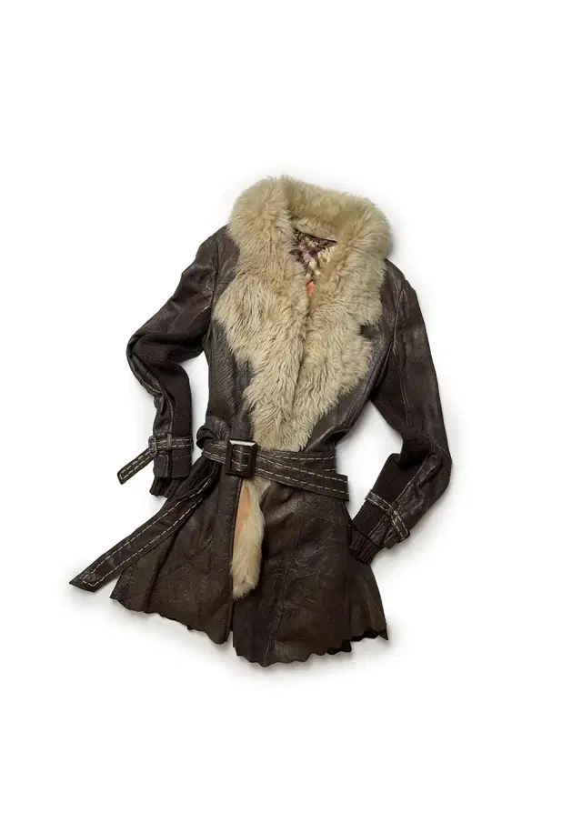 Fur leather belt coat 퍼 가죽 코트