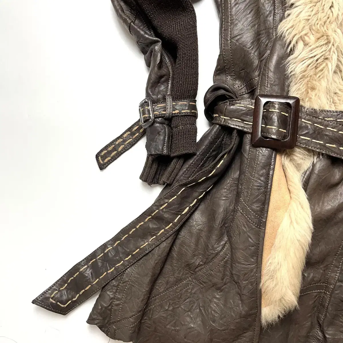 Fur leather belt coat 퍼 가죽 코트