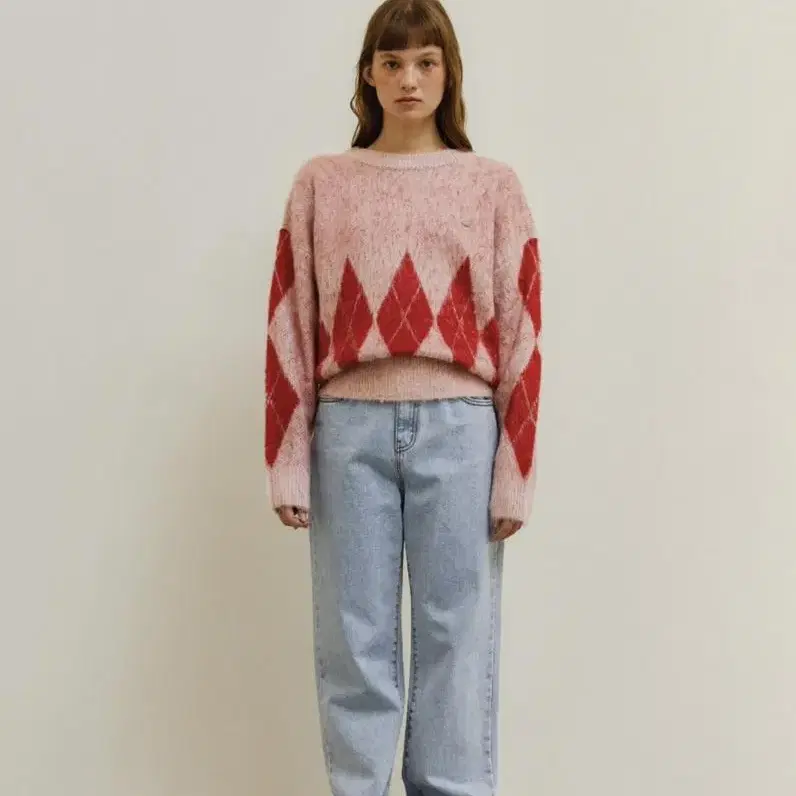 (새상품) 썸웨어버터 hairy argyle check knit-pink