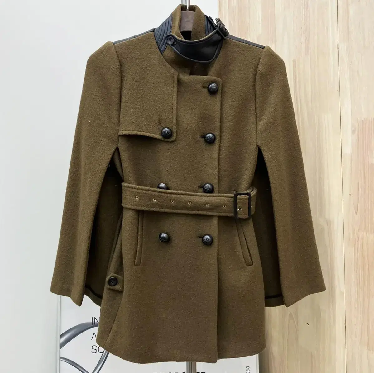 Sisley Khaki Belted Cloak Wool Double Coat