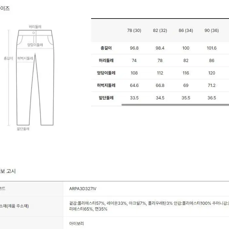 알레그리 바지 2턱 아이보리 슬랙스 94 38~