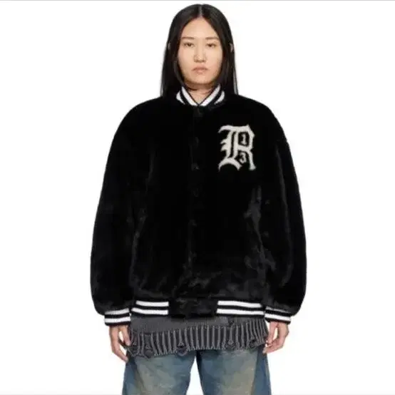 R13 Black FurryFaux-Fur Bomber