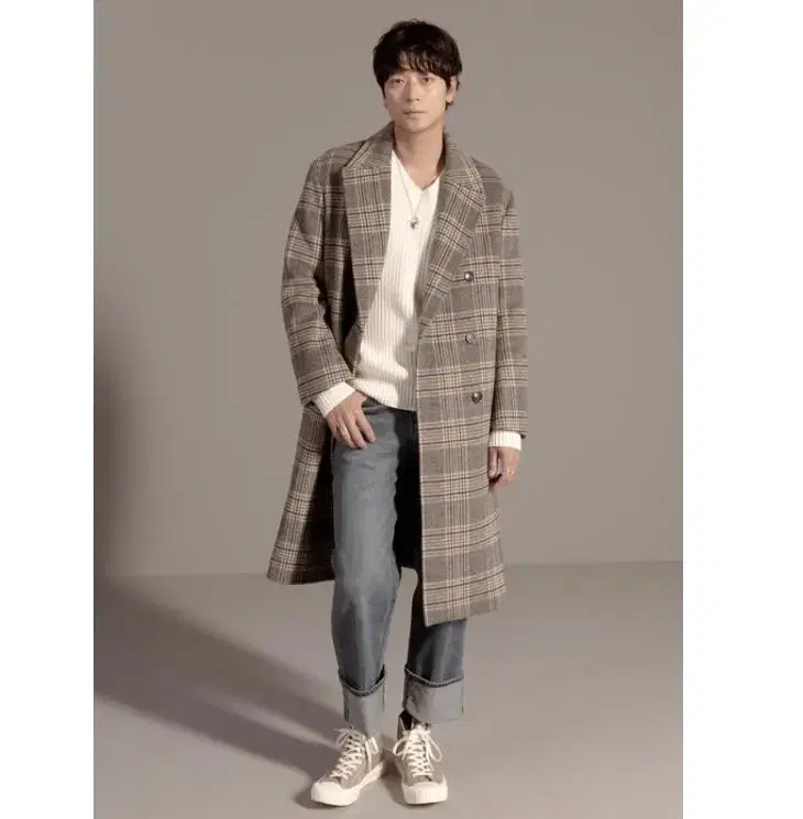 M)Flack check long double coat Kang Dongwon Coat