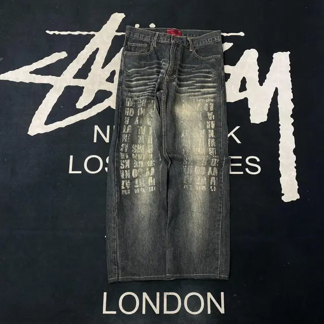 Nylaus Jeans 빈티지 레터링 워싱 데님팬츠L