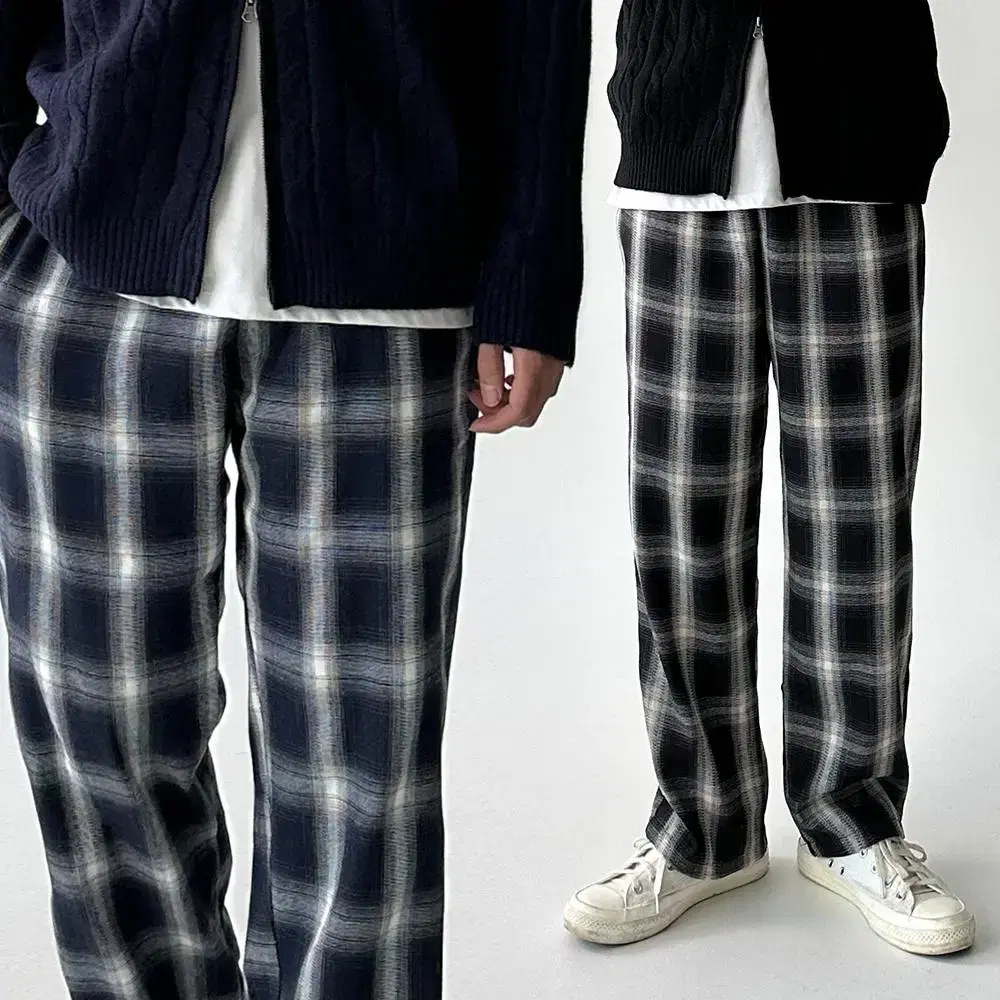 Plaid pants Tartan check semi wide-legged pants