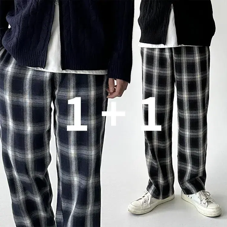 1+1 Plaid Pants Tartan Check Semi Wide Leg Pants