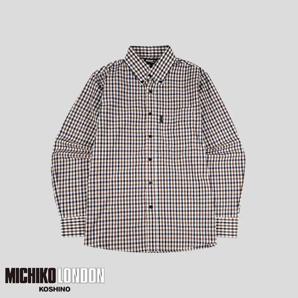 MichikoLondon White brown navy check chest pocket amekaji poly-cotton blend