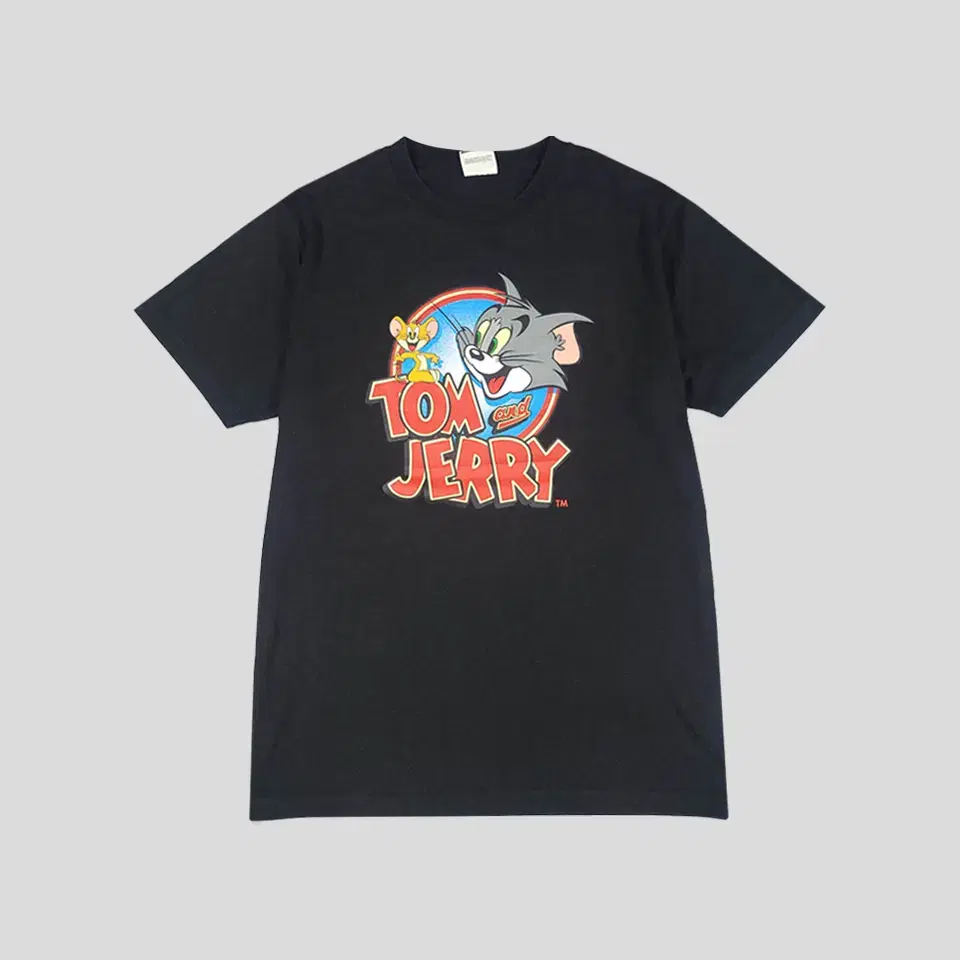 Tom and Jerry Pigmented Black Big Printed Kitsch Poly Cotton Blend Round Neck Short Sleeve Tee