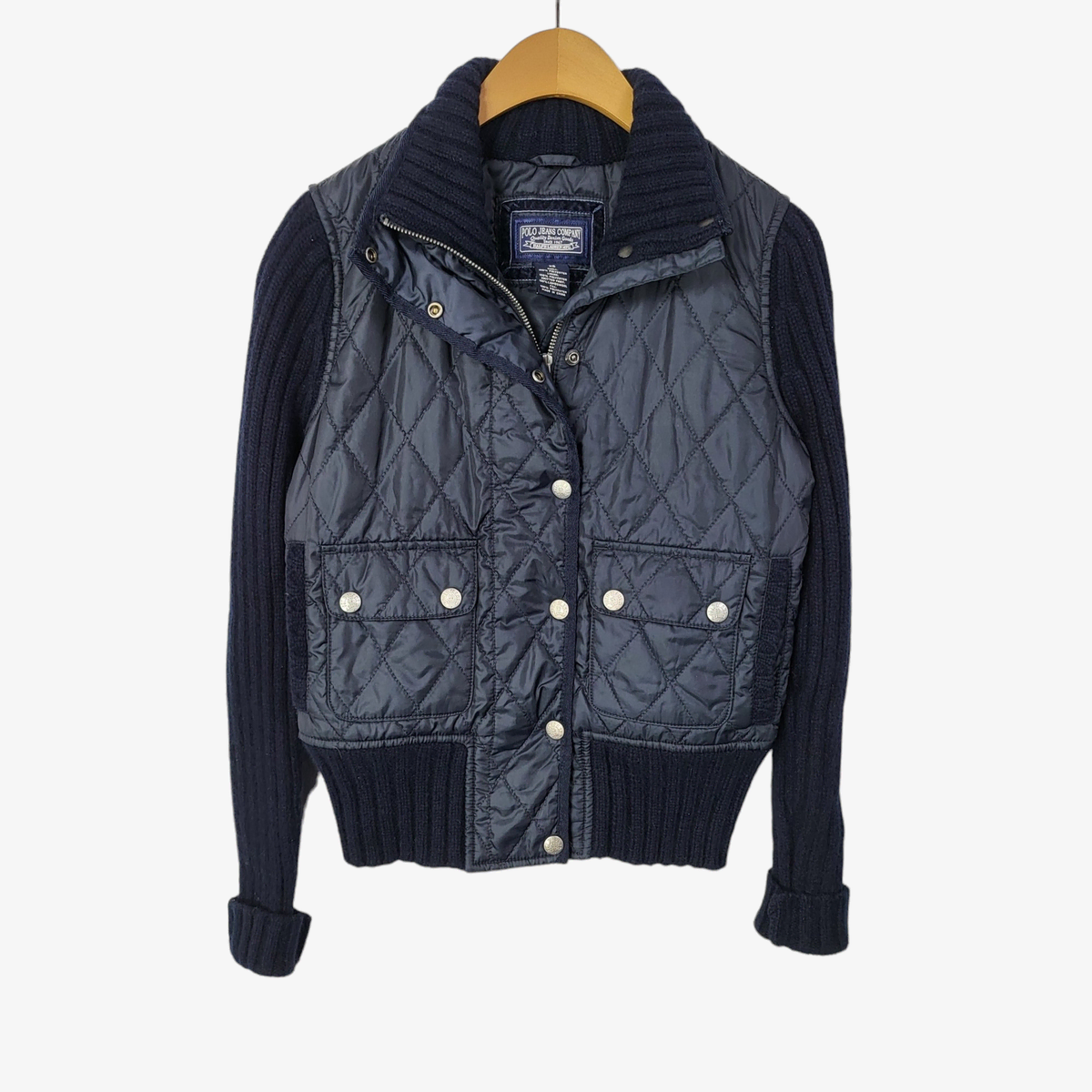 [44] Polo jin Ralph Lauren navy wool sleeve quilted jacket with wool sleeves