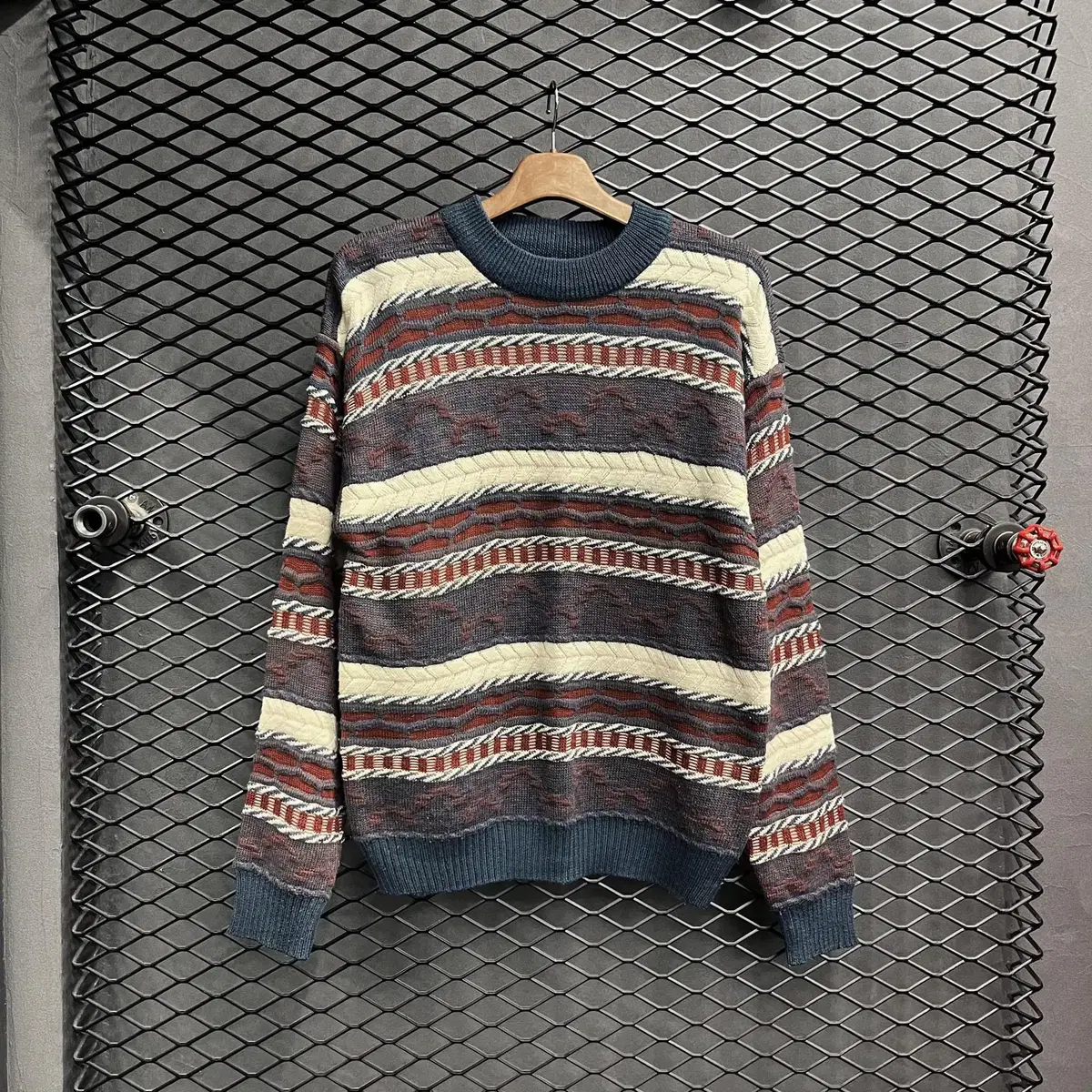 SYNTHETIC Navy & Red Multipatterned Round Neck Wool Knit