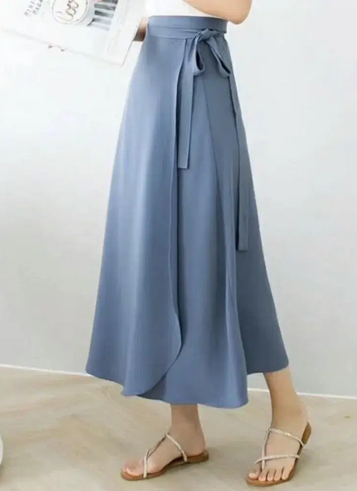 1134. ribbon tie long flared plain wrap skirt green/FREE