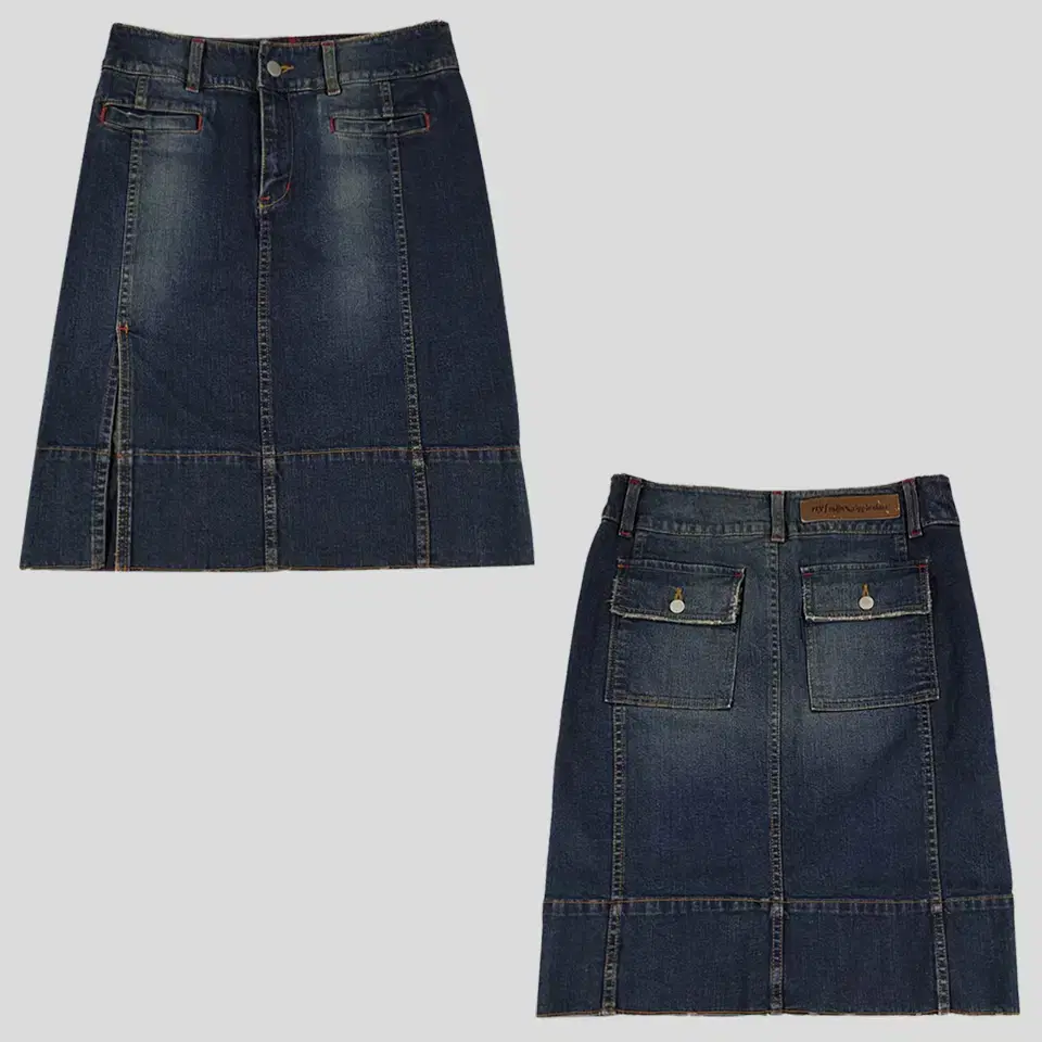 Vintage jin blue-washed leather patch slit double-pocket incised H-line jean skirt denim skirt