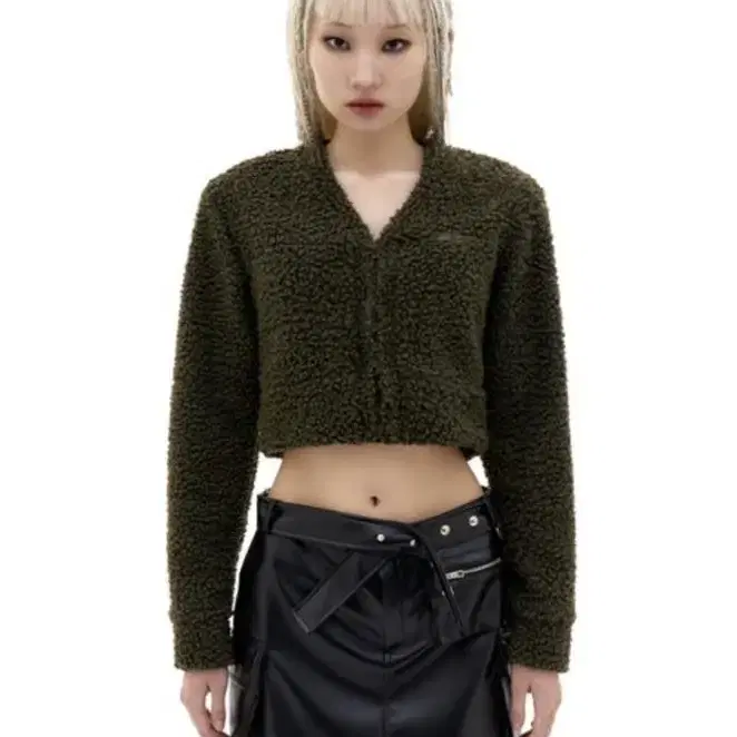 Leey BOUCLE FUR CROPPED CARDIGAN KHAKI