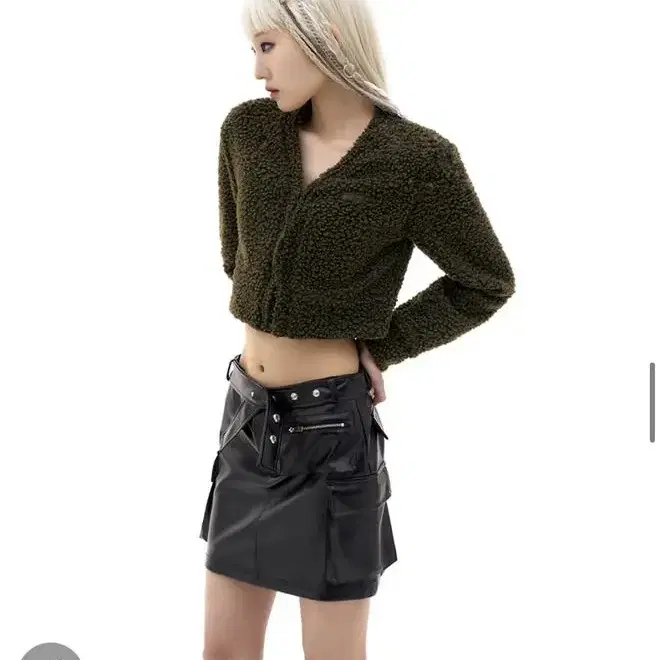 Leey BOUCLE FUR CROPPED CARDIGAN KHAKI