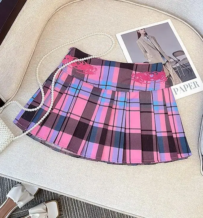 [2colors] Teen skirt purple pink skirt check skirt bora skirt pants key