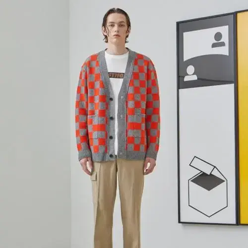 General Idea Orange Gingham Check Men's Cardigan