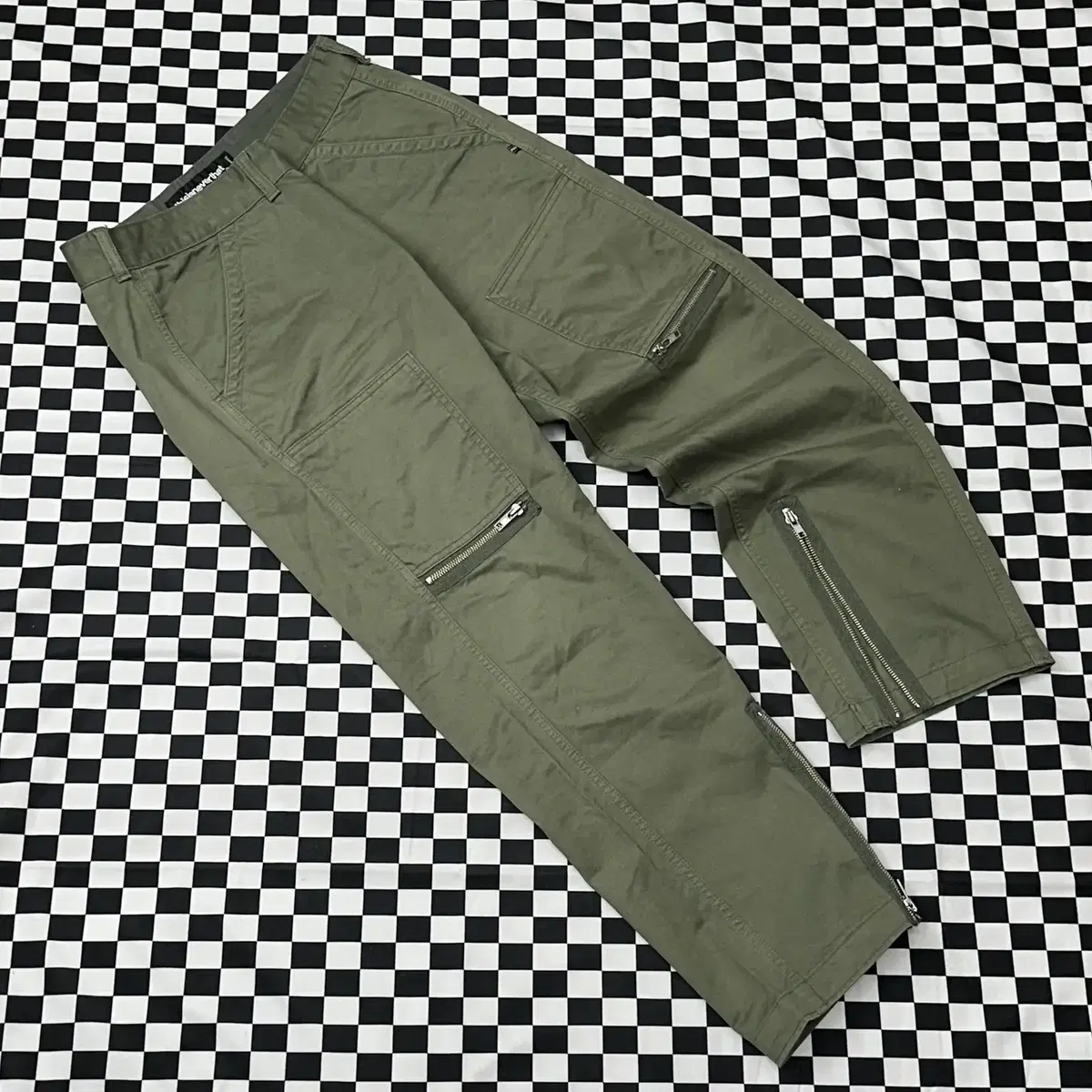 Khaki green zip detail biker pants with disintegrating khaki