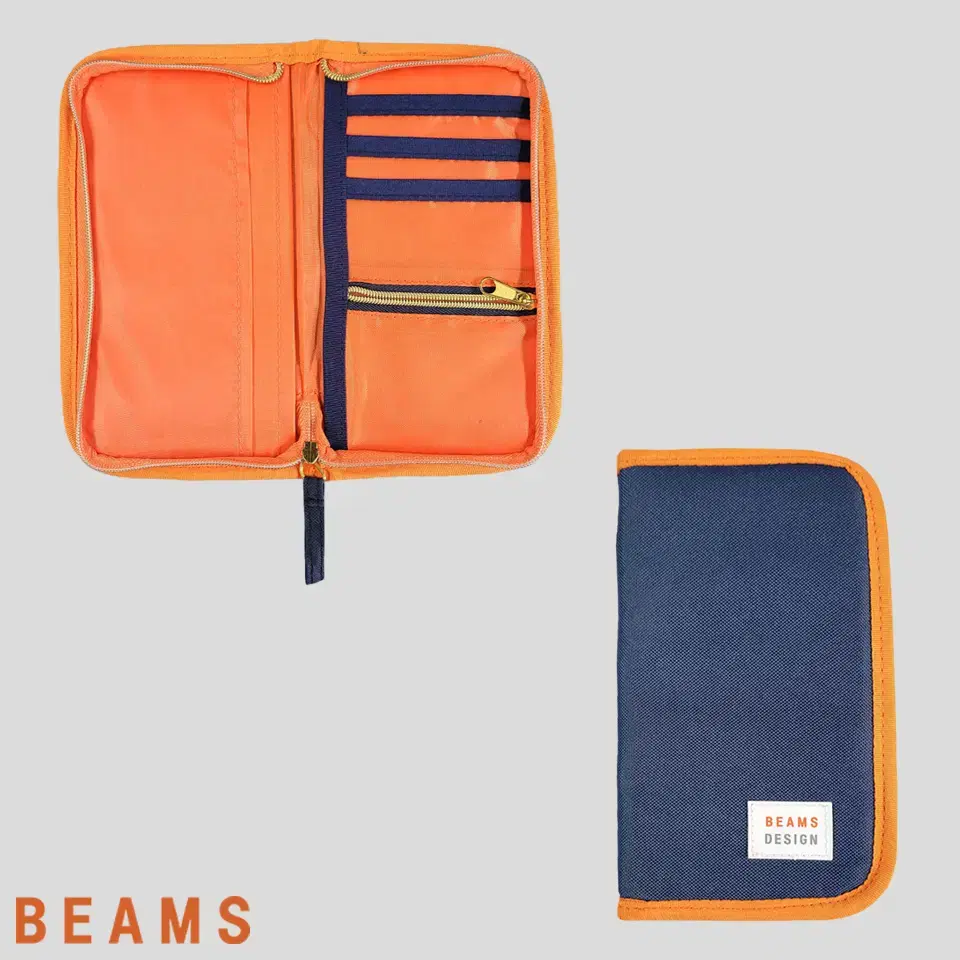 Beams Navy Orange Poly Zipper Long Wallet