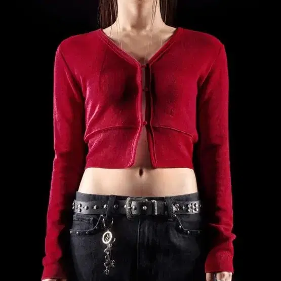 LEEY RIB SLIM CARDIGAN RED