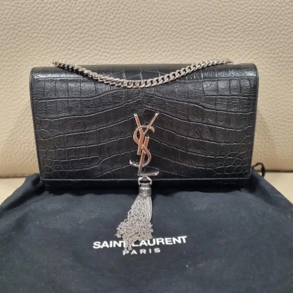 Yves Saint Laurent Embossed Crocodile Tesla Chain Handbag (Kate Bag)