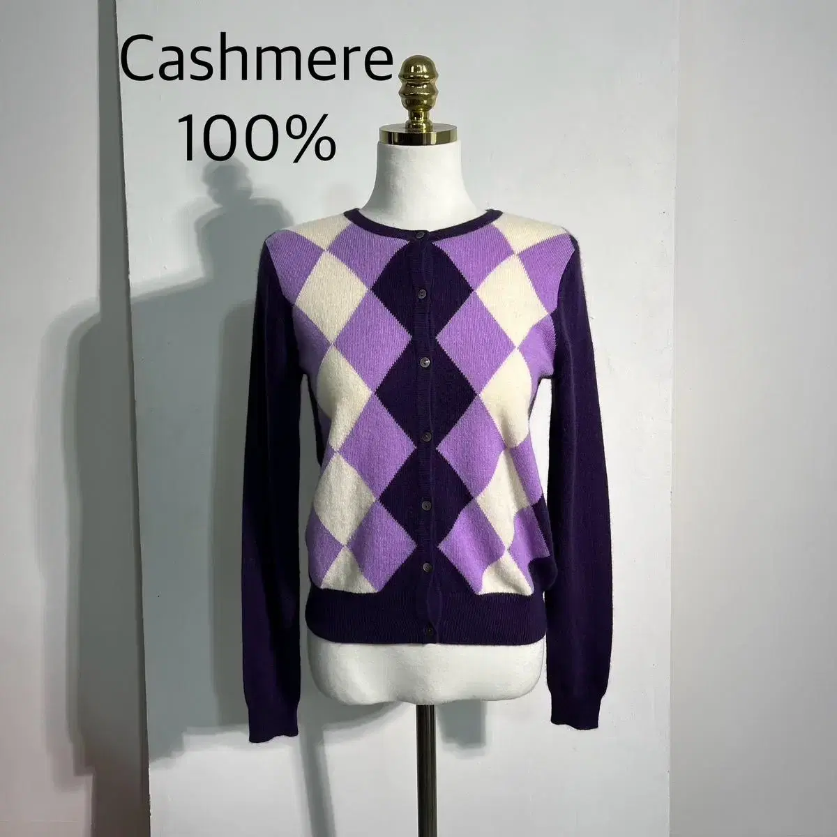 Cashmere 캐시미어 100% 아가일 가디건 s