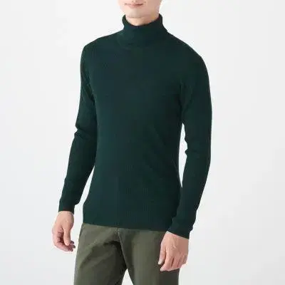 MUNSHOODS Rib Washable Turtleneck Sweater with Easy Neck Dark Green jin Green XL