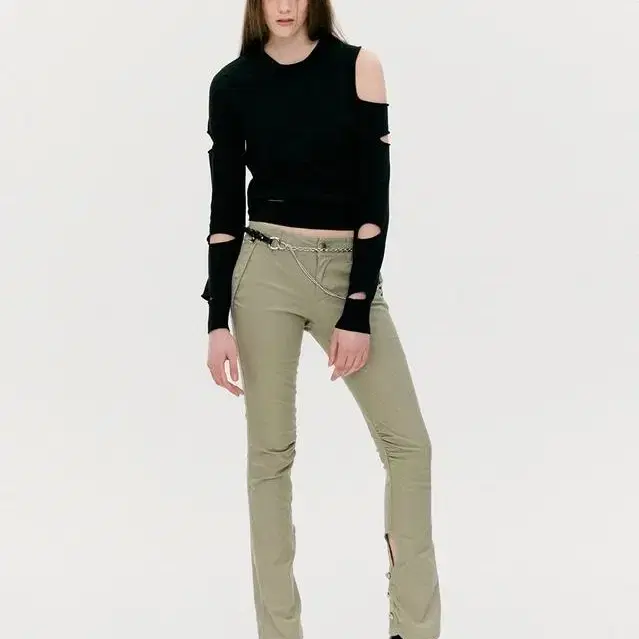 Side Curved Slit Skinny Pants - Khaki