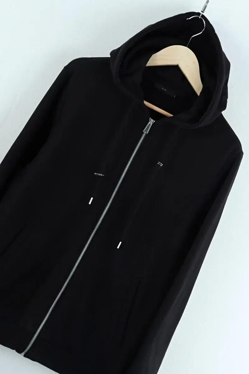 (L)BrandVintage hooded zip-up black basic overcoat-A0C0