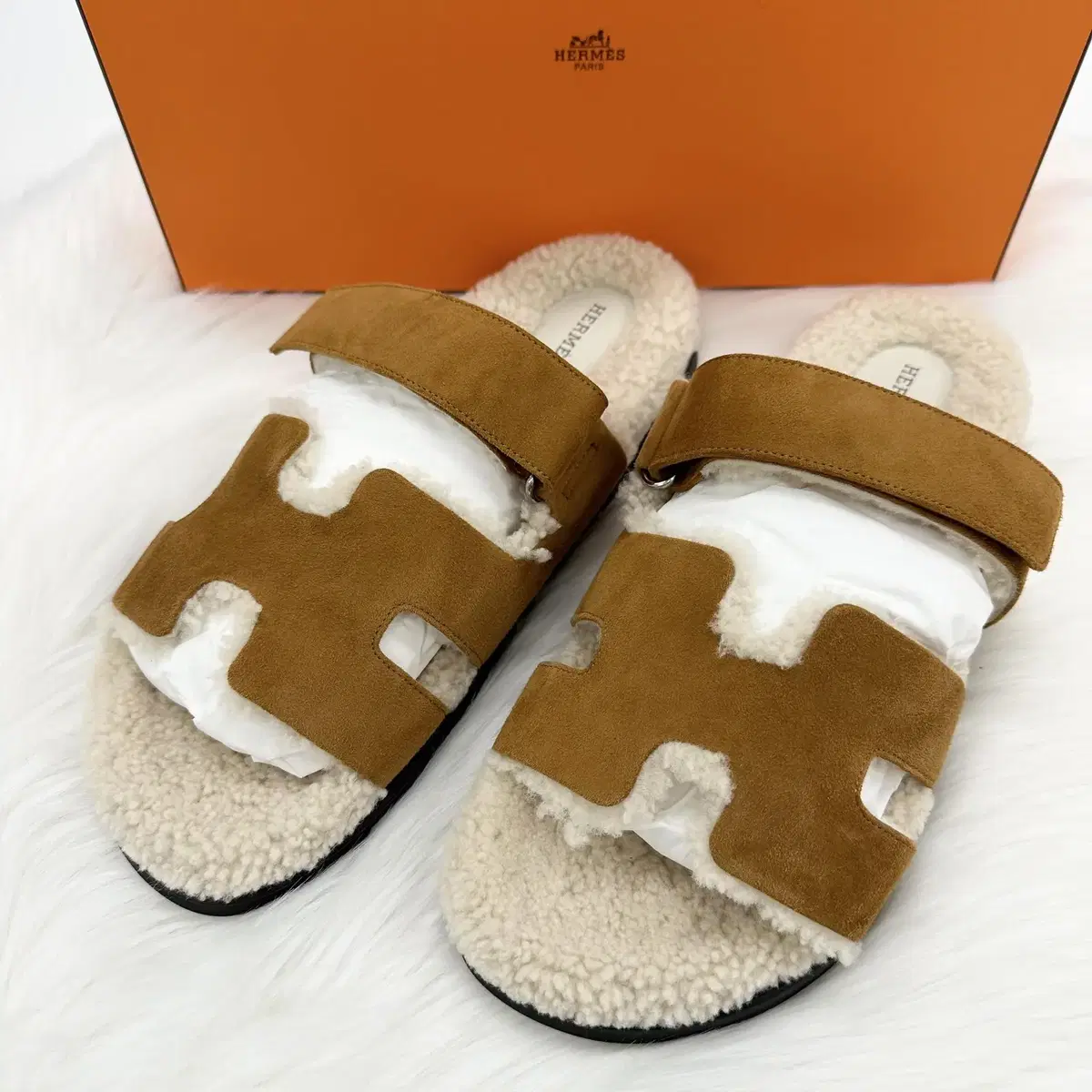 New*Hermès Chiffre Shearling Men's Sandals Size 42/43.5/44