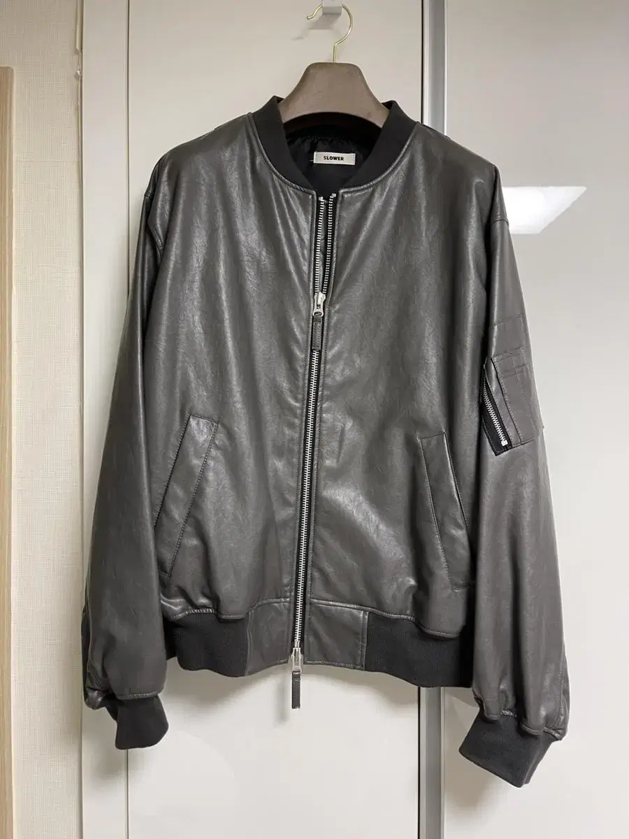 Faux Leather MA-1 Jacket Charcoal Free