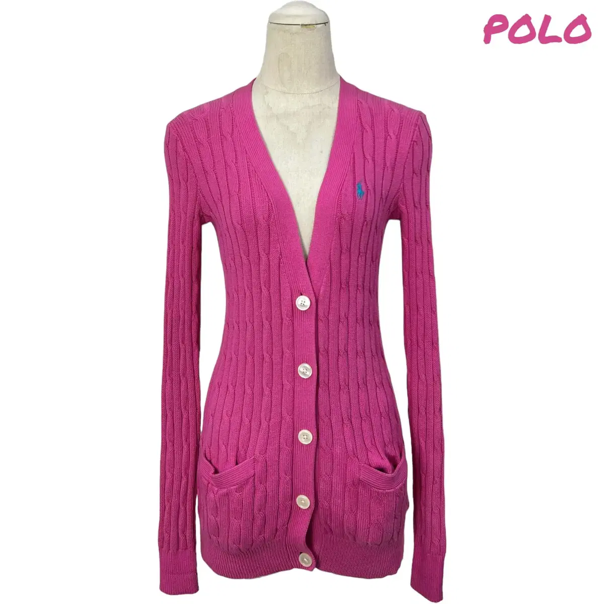 No. 2512 Polo Ralph Lauren Hot Pink Crochet V-Neck Knit Cardigan