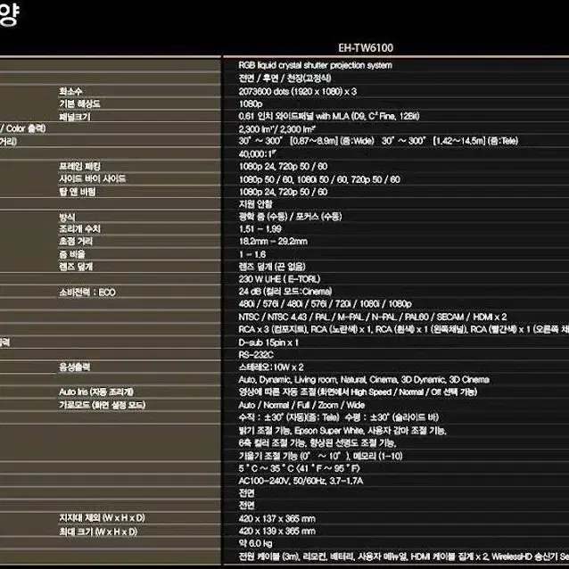 중고빔프로젝터 엡손 EH-TW6100W 가정용 풀HD 3D 프로젝트