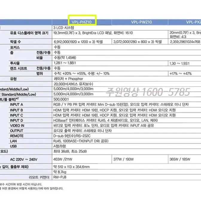 중고빔프로젝터 소니 VPL-PHZ10 5000안시 WUXGA 레이저