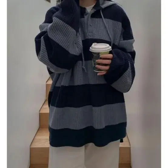 하몽 (UNISEX) Stripe hood warmer knit blue