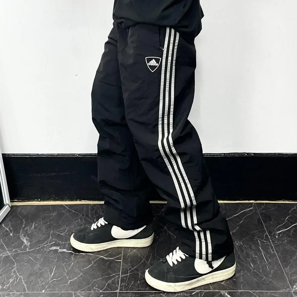 Adidas Black Three Stripe Adidas Logo Nylon Padded Wide Track Pants