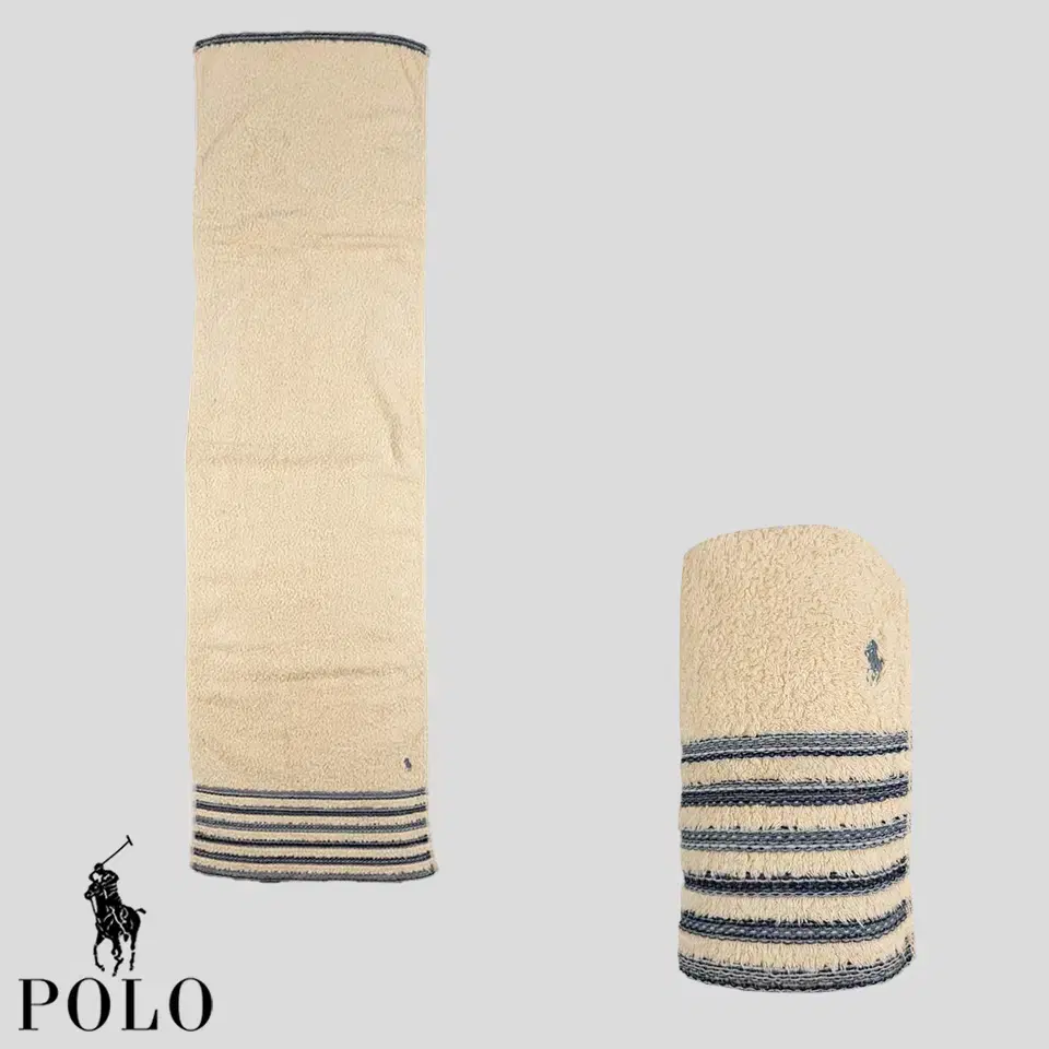 Polo Ralph Lauren Home Beige bloo Grey Pony Stripe Pattern Cotton100 Bath Towel